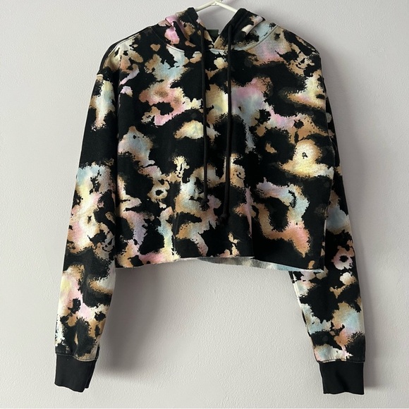 🍉 NWT Wild Fable Black Tie Dye Cropped Hoodie Raw Edge Hem - Picture 2 of 12